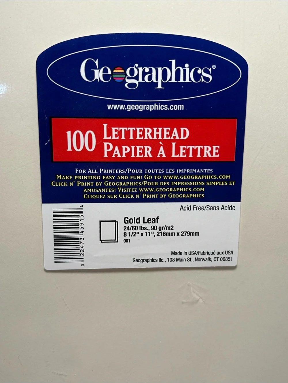 Geographics 100 Letterhead Paper - Cream with Gold Leaf